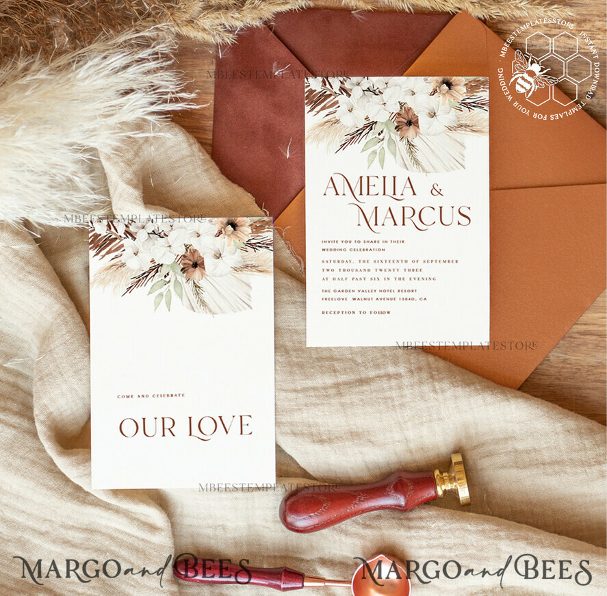 TEMPLETT wedding invitation download Boho fall wedding Invitations Set Template, Instant Download Printable Invites Home Printing, Terracotta Autumn Wedding Invitation Card Set