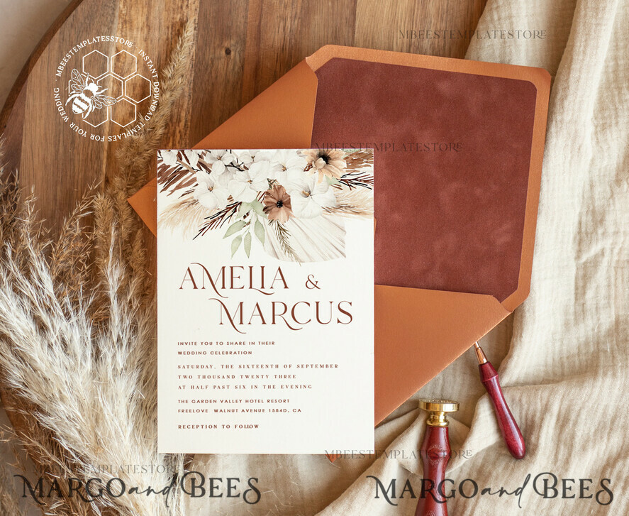 TEMPLETT wedding invitation download Boho fall wedding Invitations Set Template, Instant Download Printable Invites Home Printing, Terracotta Autumn Wedding Invitation Card Set