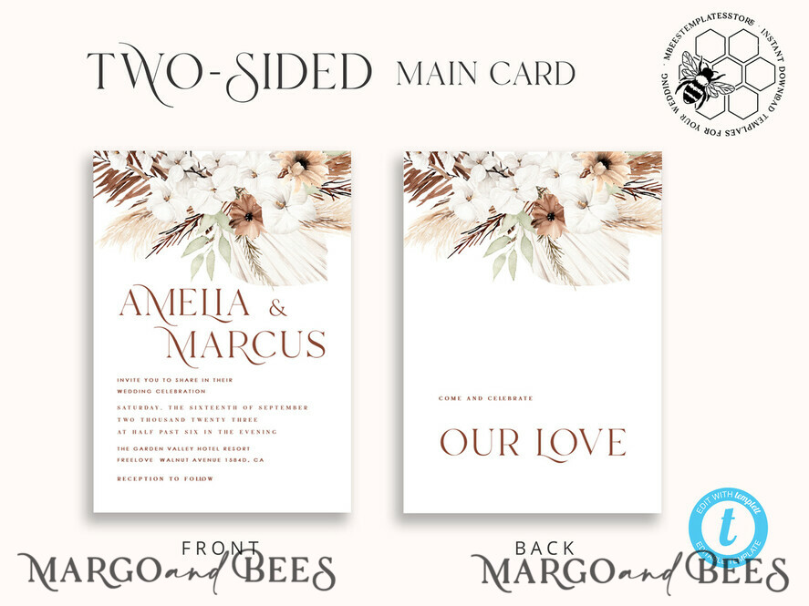 TEMPLETT wedding invitation download Boho fall wedding Invitations Set Template, Instant Download Printable Invites Home Printing, Terracotta Autumn Wedding Invitation Card Set