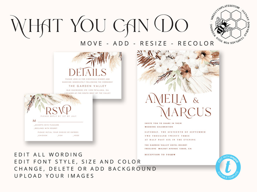 TEMPLETT wedding invitation download Boho fall wedding Invitations Set Template, Instant Download Printable Invites Home Printing, Terracotta Autumn Wedding Invitation Card Set