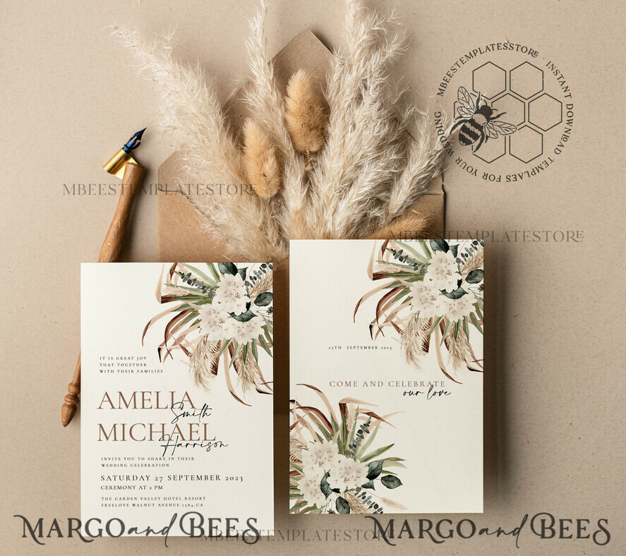 TEMPLETT wedding invitation download Floral wedding Invitations Set Template, Instant Download Printable Invites Home Printing, Simple Rustic Wedding Invitation Card Set 