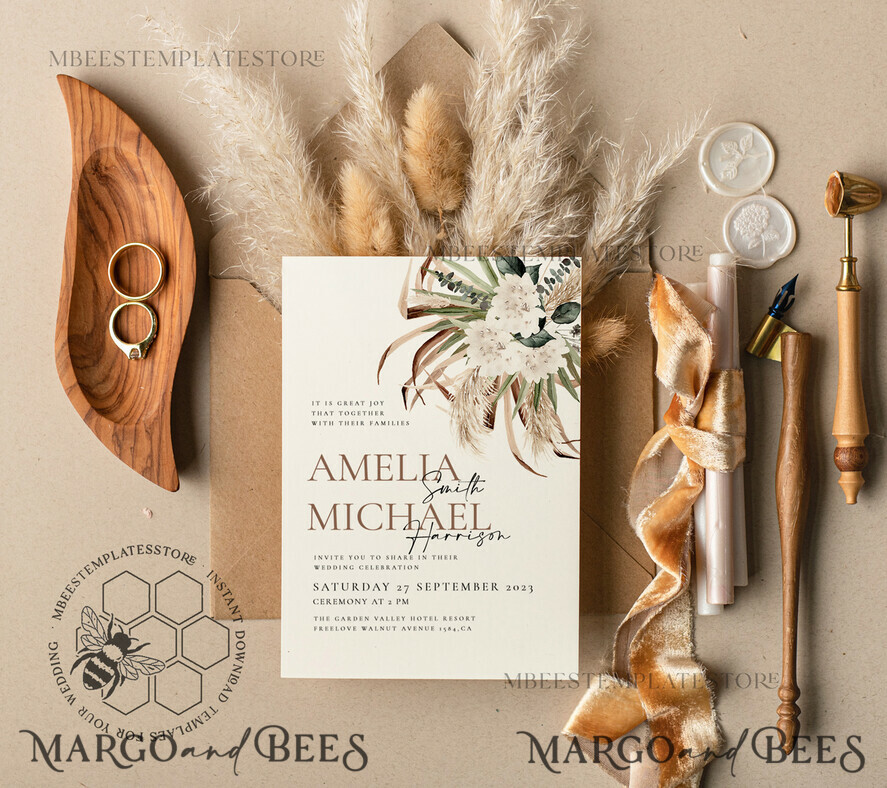 TEMPLETT wedding invitation download Floral wedding Invitations Set Template, Instant Download Printable Invites Home Printing, Simple Rustic Wedding Invitation Card Set 