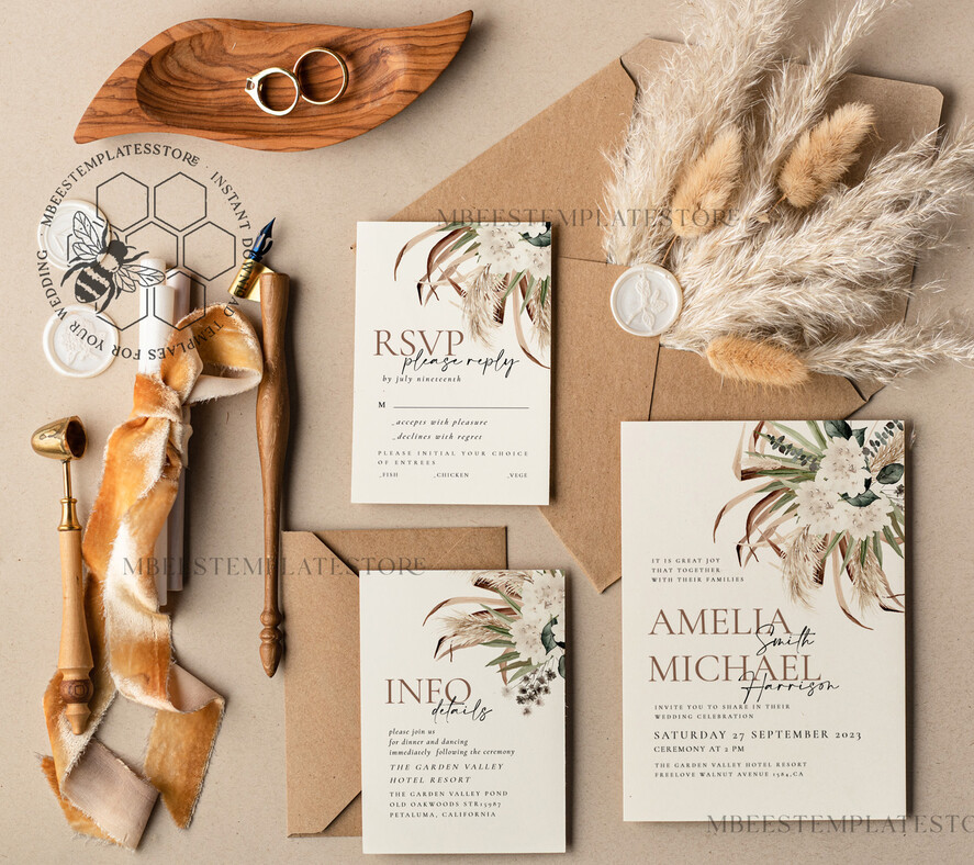 TEMPLETT wedding invitation download Floral wedding Invitations Set Template, Instant Download Printable Invites Home Printing, Simple Rustic Wedding Invitation Card Set 