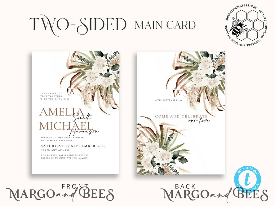 TEMPLETT wedding invitation download Floral wedding Invitations Set Template, Instant Download Printable Invites Home Printing, Simple Rustic Wedding Invitation Card Set 