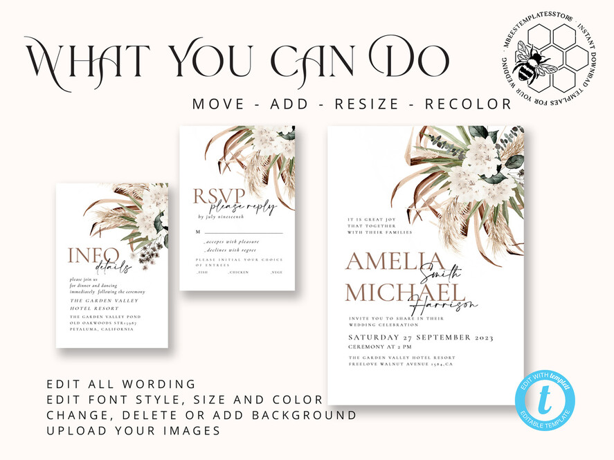 TEMPLETT wedding invitation download Floral wedding Invitations Set Template, Instant Download Printable Invites Home Printing, Simple Rustic Wedding Invitation Card Set 
