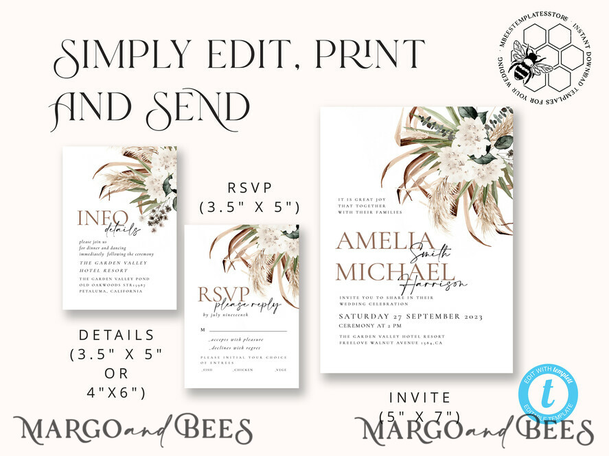TEMPLETT wedding invitation download Floral wedding Invitations Set Template, Instant Download Printable Invites Home Printing, Simple Rustic Wedding Invitation Card Set 