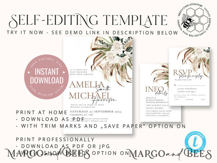 TEMPLETT wedding invitation download Floral wedding Invitations Set Template, Instant Download Printable Invites Home Printing, Simple Rustic Wedding Invitation Card Set 