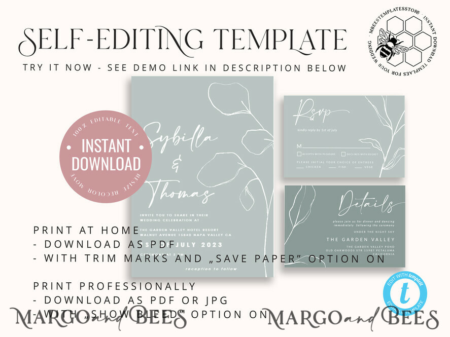 TEMPLETT wedding invitation download Minimalist wedding invitation template, Instant download Boho Wedding Invites, Simple Wedding Invitation Printable Template Grey Invitations