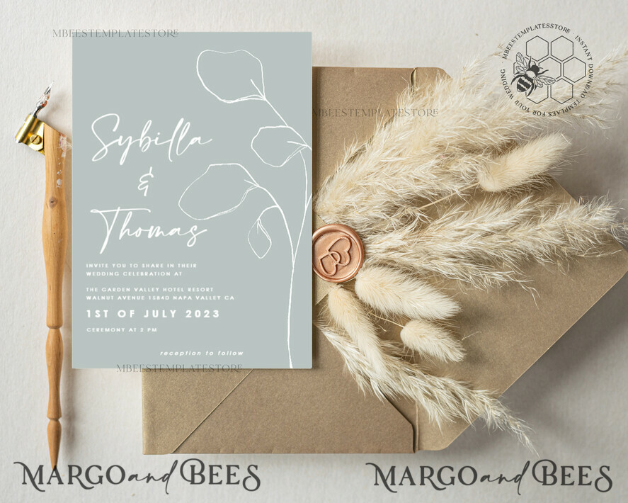 TEMPLETT wedding invitation download Minimalist wedding invitation template, Instant download Boho Wedding Invites, Simple Wedding Invitation Printable Template Grey Invitations