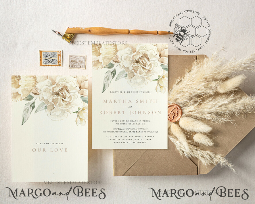 TEMPLETT wedding invitation download Rustic Ivory wedding Invitations Set Template, Instant Download Printable Invites Home Printing, Simple Boho Wedding Invitation Card Set