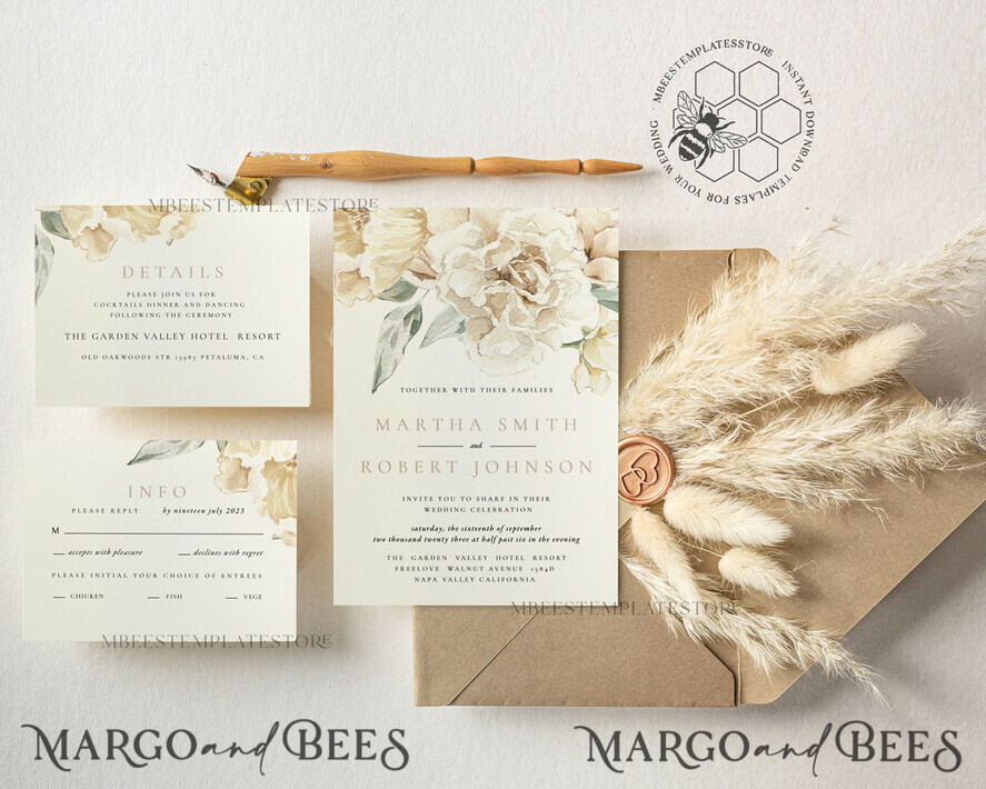 TEMPLETT wedding invitation download Rustic Ivory wedding Invitations Set Template, Instant Download Printable Invites Home Printing, Simple Boho Wedding Invitation Card Set