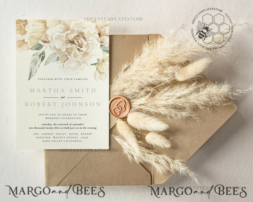 TEMPLETT wedding invitation download Rustic Ivory wedding Invitations Set Template, Instant Download Printable Invites Home Printing, Simple Boho Wedding Invitation Card Set