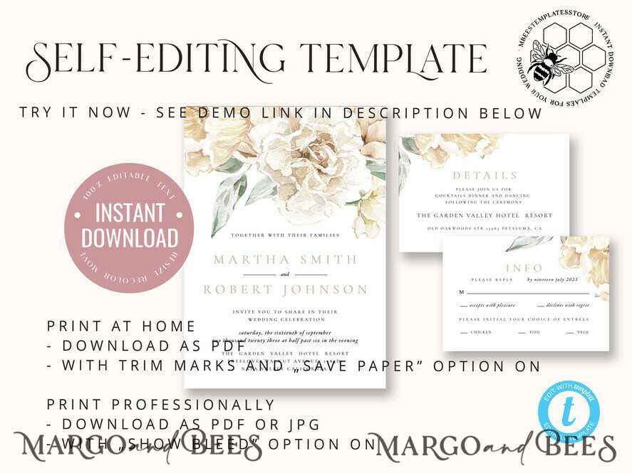 TEMPLETT wedding invitation download Rustic Ivory wedding Invitations Set Template, Instant Download Printable Invites Home Printing, Simple Boho Wedding Invitation Card Set