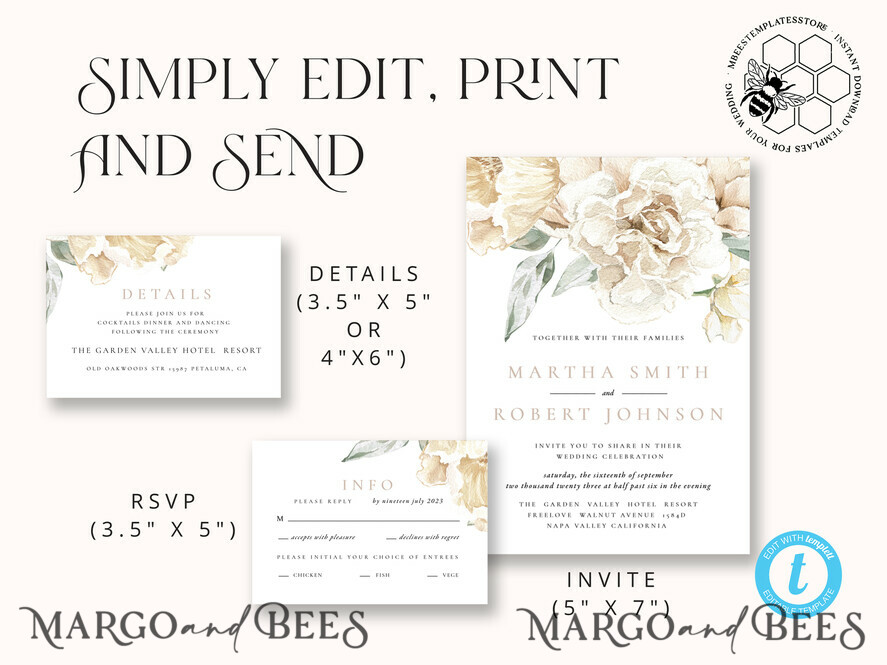 TEMPLETT wedding invitation download Rustic Ivory wedding Invitations Set Template, Instant Download Printable Invites Home Printing, Simple Boho Wedding Invitation Card Set