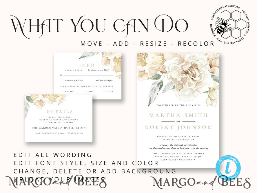 TEMPLETT wedding invitation download Rustic Ivory wedding Invitations Set Template, Instant Download Printable Invites Home Printing, Simple Boho Wedding Invitation Card Set