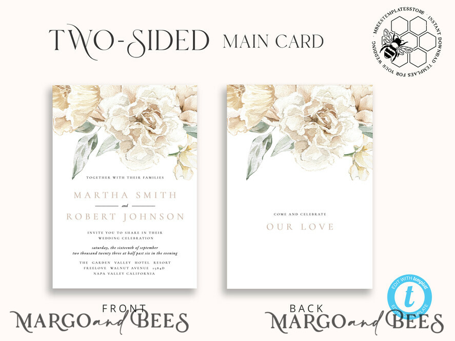 TEMPLETT wedding invitation download Rustic Ivory wedding Invitations Set Template, Instant Download Printable Invites Home Printing, Simple Boho Wedding Invitation Card Set