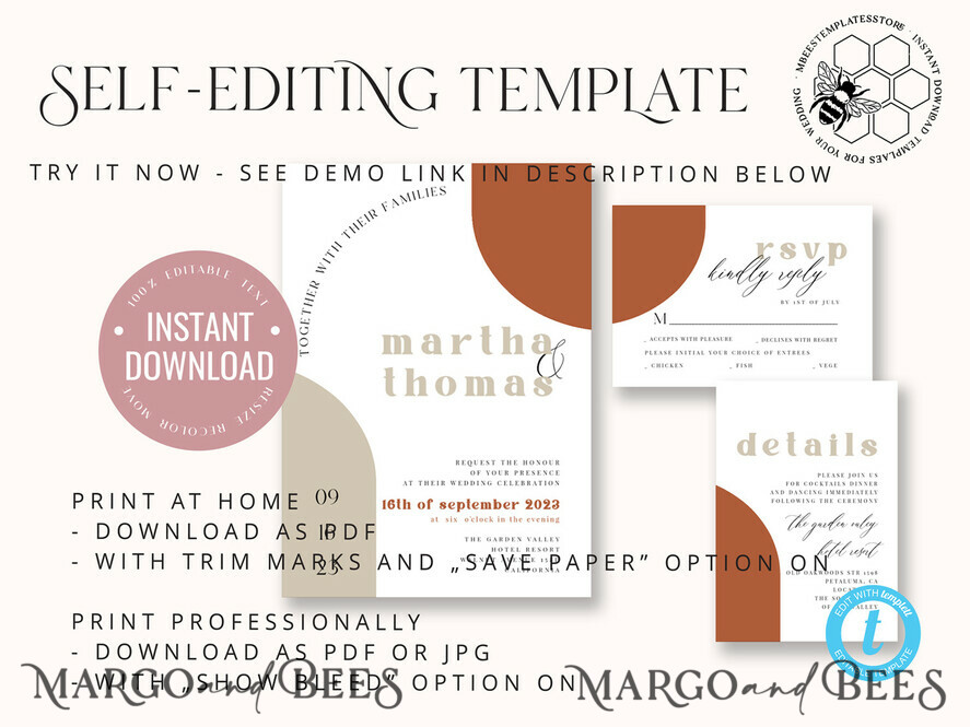 TEMPLETT wedding invitation download Burnt Orange Arch wedding Invitation Set Template, Instant Download Printable Invites Home Printing, Simple Boho Wedding Invitation Card Set, rust inviation template , copper fall invites instant download template online evite set