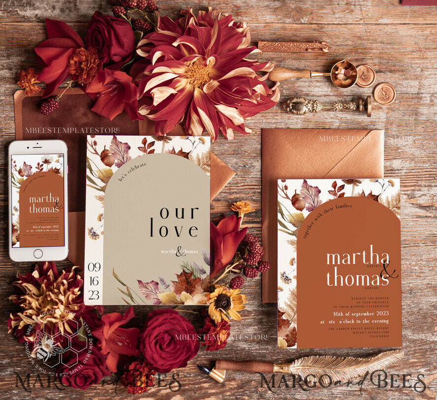 TEMPLETT wedding invitation download Burnt Orange Arch wedding Invitation Set Template, Instant Download Printable Invites Home Printing, Simple Boho Wedding Invitation Card Set, rust inviation template , copper fall invites instant download template online evite set