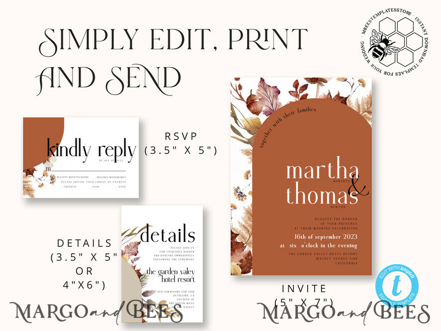 TEMPLETT wedding invitation download Burnt Orange Arch wedding Invitation Set Template, Instant Download Printable Invites Home Printing, Simple Boho Wedding Invitation Card Set, rust inviation template , copper fall invites instant download template online evite set