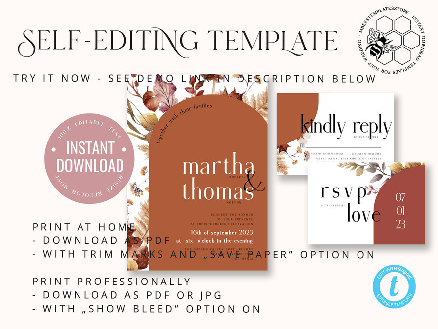 TEMPLETT wedding invitation download Burnt Orange Arch wedding Invitation Set Template, Instant Download Printable Invites Home Printing, Simple Boho Wedding Invitation Card Set, rust inviation template , copper fall invites instant download template online evite set