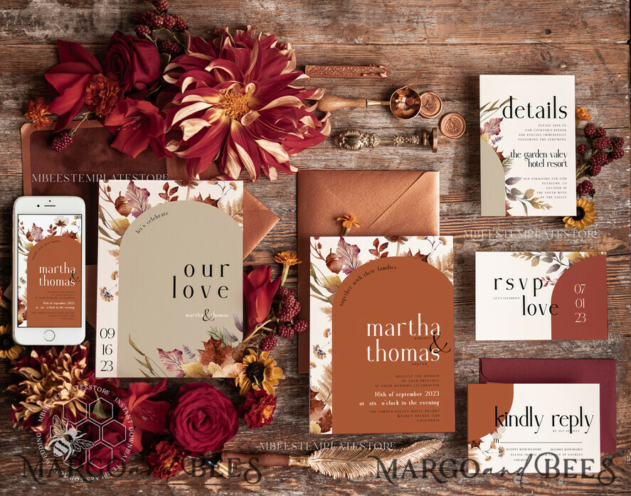 TEMPLETT wedding invitation download Burnt Orange Arch wedding Invitation Set Template, Instant Download Printable Invites Home Printing, Simple Boho Wedding Invitation Card Set, rust inviation template , copper fall invites instant download template online evite set
