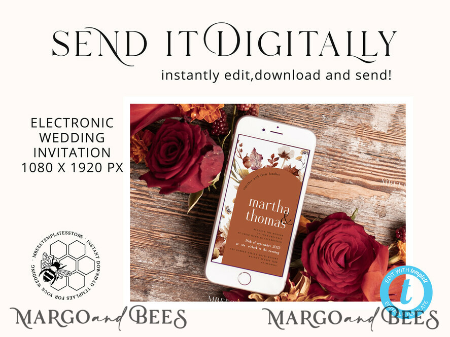 TEMPLETT wedding invitation download Burnt Orange Arch wedding Invitation Set Template, Instant Download Printable Invites Home Printing, Simple Boho Wedding Invitation Card Set, rust inviation template , copper fall invites instant download template online evite set