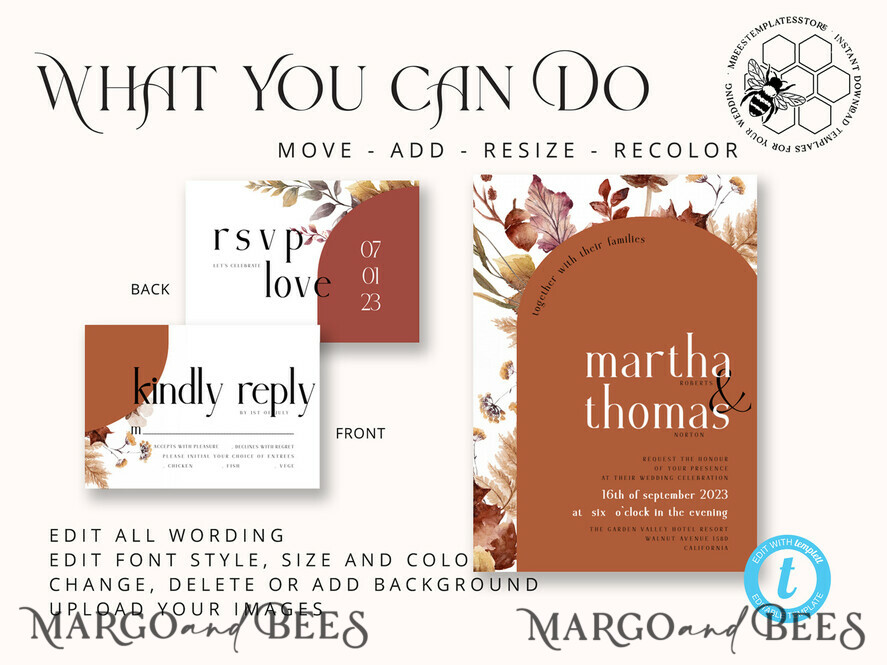 TEMPLETT wedding invitation download Burnt Orange Arch wedding Invitation Set Template, Instant Download Printable Invites Home Printing, Simple Boho Wedding Invitation Card Set, rust inviation template , copper fall invites instant download template online evite set