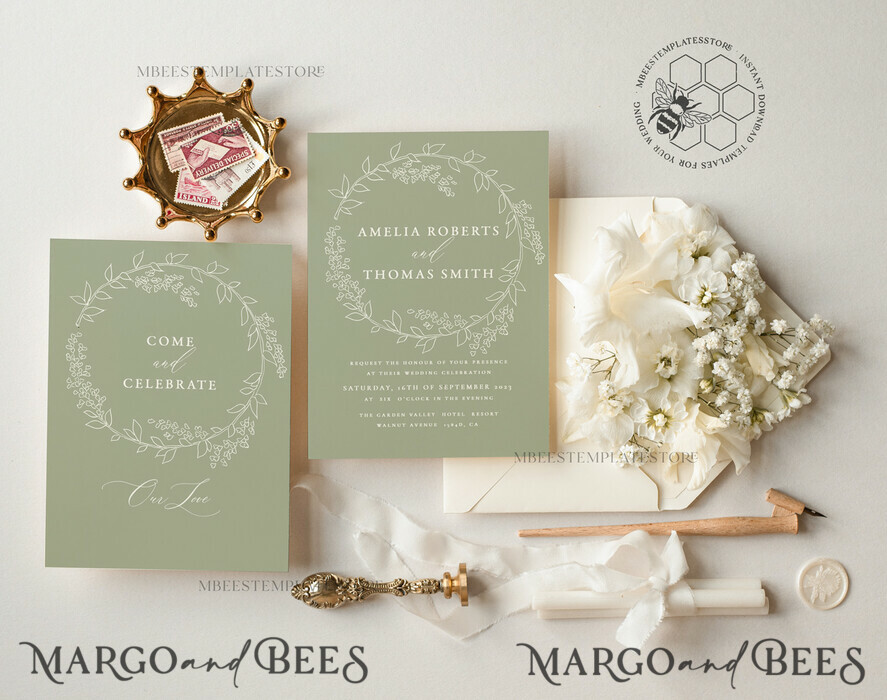 TEMPLETT wedding invitation download Sage Green wedding invitation template, Instant download Greenery Wedding Invites, Eucalyptus Garden Wedding Invitation Printable