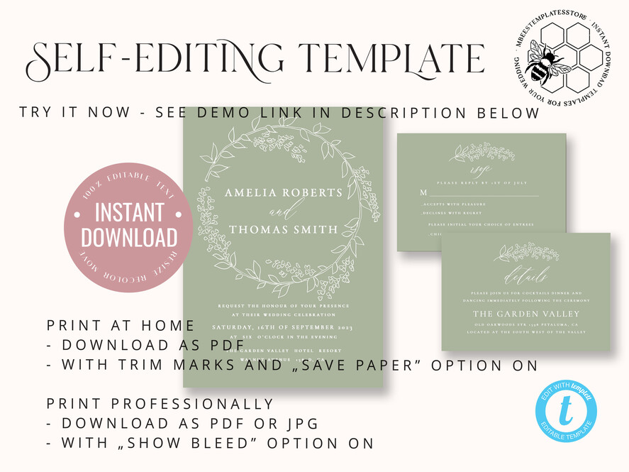 TEMPLETT wedding invitation download Sage Green wedding invitation template, Instant download Greenery Wedding Invites, Eucalyptus Garden Wedding Invitation Printable