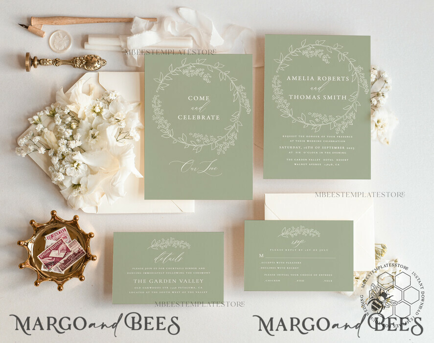 TEMPLETT wedding invitation download Sage Green wedding invitation template, Instant download Greenery Wedding Invites, Eucalyptus Garden Wedding Invitation Printable