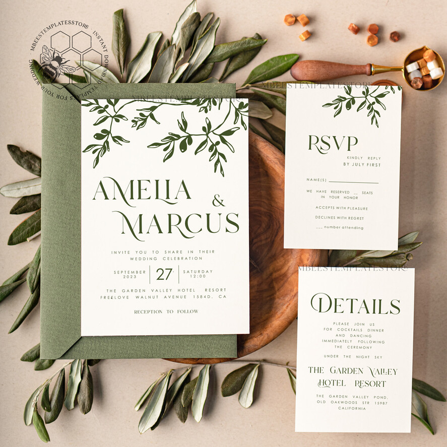 TEMPLETT  
 Hochzeits Einladung Download Minimalistische Olivenhochzeits-Einladungsvorlage Sofort-Download, Druckbare Einladungen für eine Hochzeit in der Toskana zum Heimdruck, Hochzeitsinvitation-Set Italien