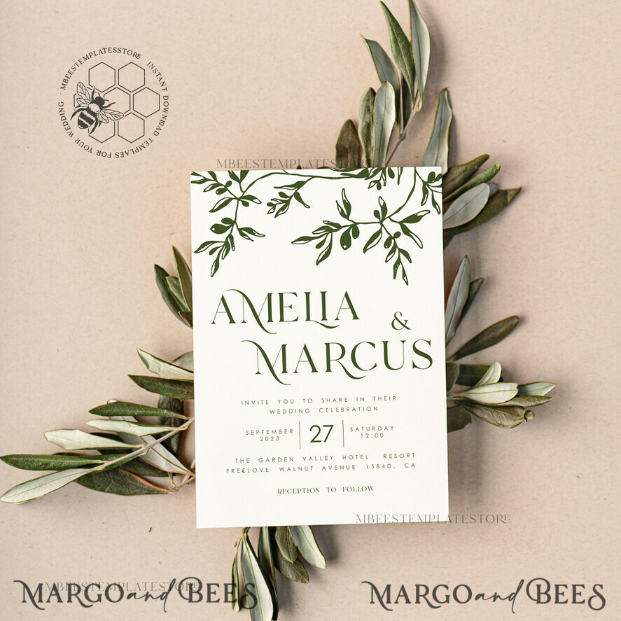 TEMPLETT  
 Hochzeits Einladung Download Minimalistische Olivenhochzeits-Einladungsvorlage Sofort-Download, Druckbare Einladungen für eine Hochzeit in der Toskana zum Heimdruck, Hochzeitsinvitation-Set Italien