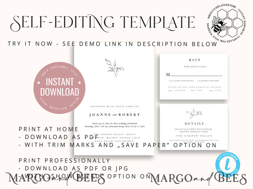 TEMPLETT wedding invitation download Fine art wedding invitation template, Instant download Boho Wedding Invites, Simple Wedding Invitation Printable Template Rustic Invitations