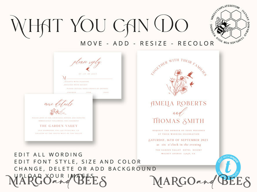 TEMPLETT wedding invitation download Boho Modern wedding Invitations Evite Set Template, Instant Download Printable Invites Home Printing Fall Heart Wedding Invitation Cards WB8