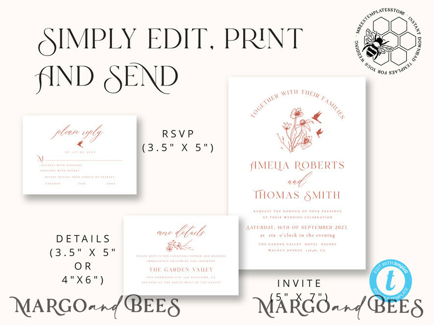 TEMPLETT wedding invitation download Boho Modern wedding Invitations Evite Set Template, Instant Download Printable Invites Home Printing Fall Heart Wedding Invitation Cards WB8