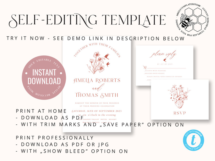 TEMPLETT wedding invitation download Boho Modern wedding Invitations Evite Set Template, Instant Download Printable Invites Home Printing Fall Heart Wedding Invitation Cards WB8