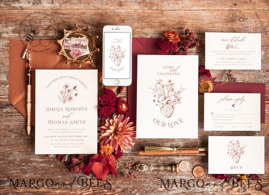 TEMPLETT wedding invitation download Boho Modern wedding Invitations Evite Set Template, Instant Download Printable Invites Home Printing Fall Heart Wedding Invitation Cards WB8