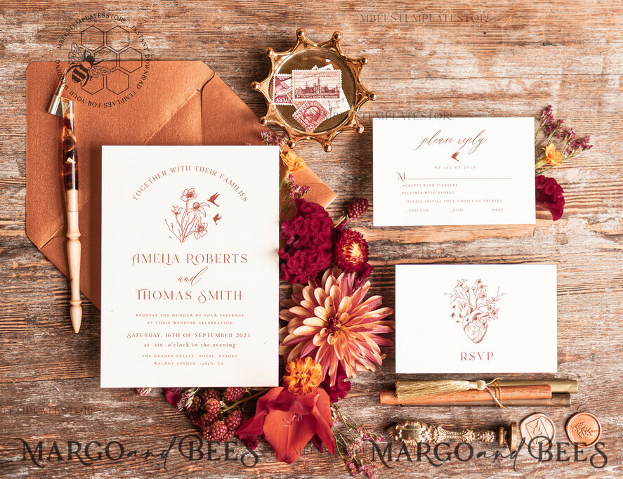 TEMPLETT wedding invitation download Boho Modern wedding Invitations Evite Set Template, Instant Download Printable Invites Home Printing Fall Heart Wedding Invitation Cards WB8