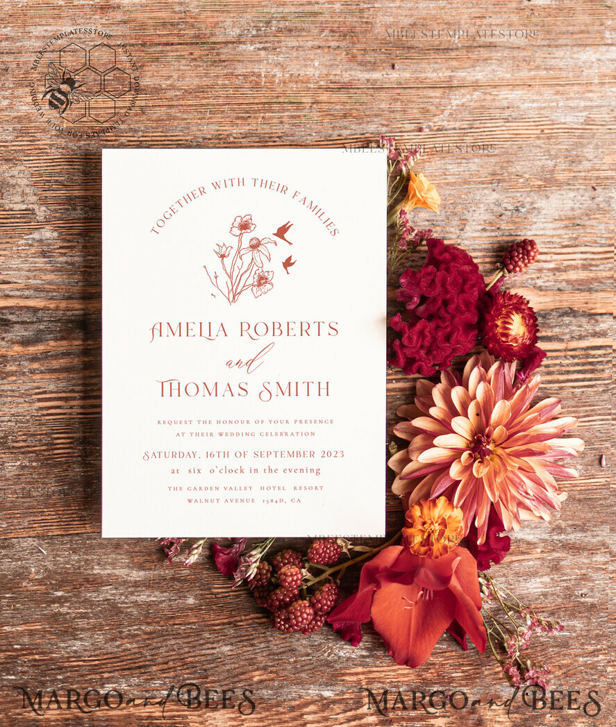 TEMPLETT wedding invitation download Boho Modern wedding Invitations Evite Set Template, Instant Download Printable Invites Home Printing Fall Heart Wedding Invitation Cards WB8