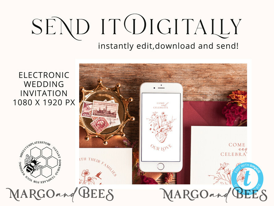 TEMPLETT wedding invitation download Boho Modern wedding Invitations Evite Set Template, Instant Download Printable Invites Home Printing Fall Heart Wedding Invitation Cards WB8