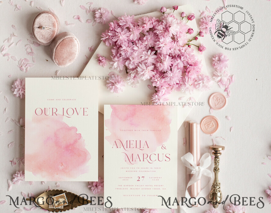 TEMPLETT wedding invitation download Elegant Blush wedding Invitation Template, Instant Download Printable Invites Home Printing, Pink Ombre Wedding Invitation Card Set Template