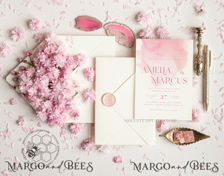 TEMPLETT wedding invitation download Elegant Blush wedding Invitation Template, Instant Download Printable Invites Home Printing, Pink Ombre Wedding Invitation Card Set Template