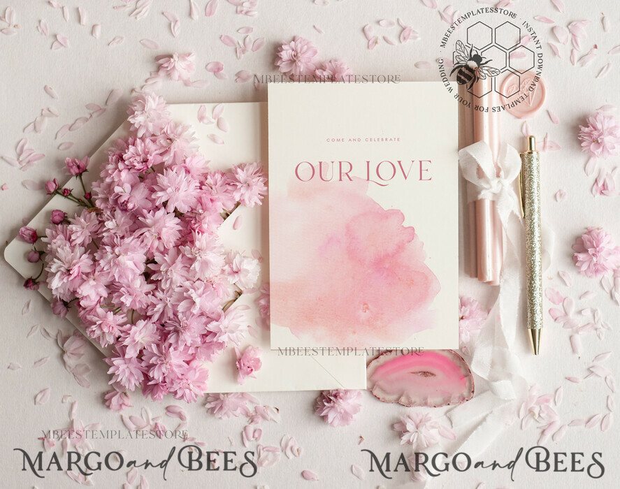TEMPLETT wedding invitation download Elegant Blush wedding Invitation Template, Instant Download Printable Invites Home Printing, Pink Ombre Wedding Invitation Card Set Template