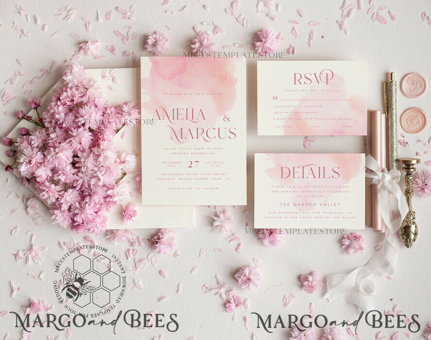 TEMPLETT wedding invitation download Elegant Blush wedding Invitation Template, Instant Download Printable Invites Home Printing, Pink Ombre Wedding Invitation Card Set Template