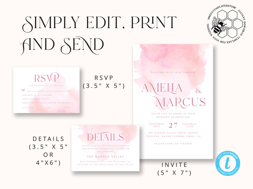 TEMPLETT wedding invitation download Elegant Blush wedding Invitation Template, Instant Download Printable Invites Home Printing, Pink Ombre Wedding Invitation Card Set Template