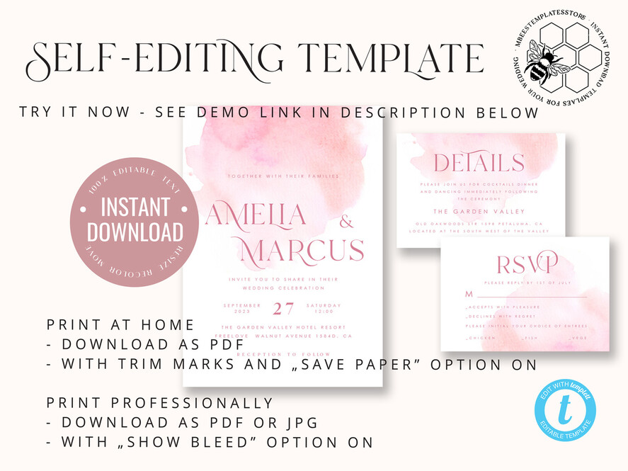 TEMPLETT wedding invitation download Elegant Blush wedding Invitation Template, Instant Download Printable Invites Home Printing, Pink Ombre Wedding Invitation Card Set Template
