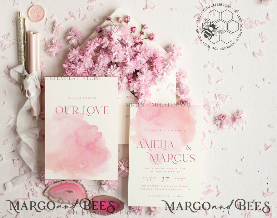 TEMPLETT wedding invitation download Elegant Blush wedding Invitation Template, Instant Download Printable Invites Home Printing, Pink Ombre Wedding Invitation Card Set Template