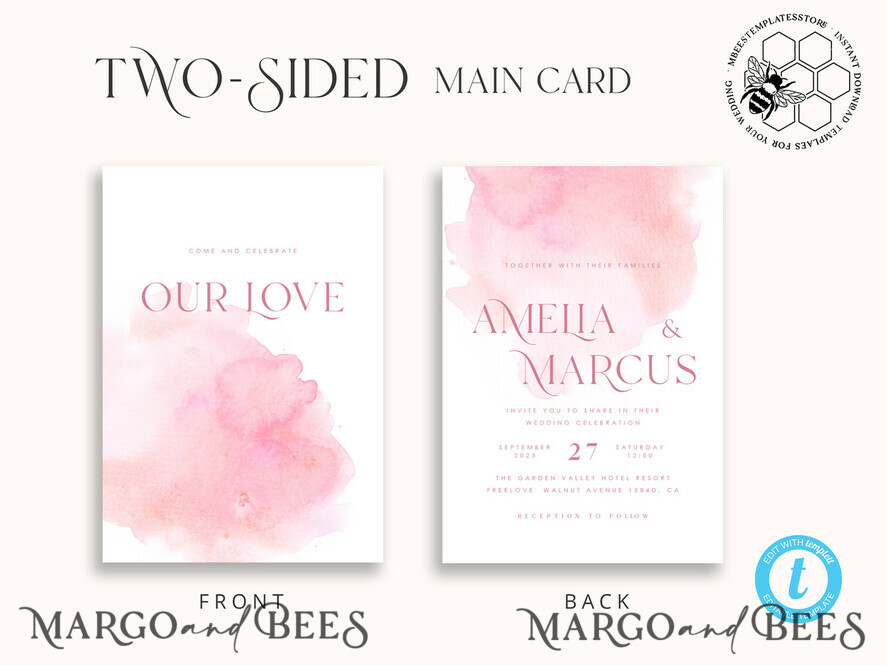 TEMPLETT wedding invitation download Elegant Blush wedding Invitation Template, Instant Download Printable Invites Home Printing, Pink Ombre Wedding Invitation Card Set Template