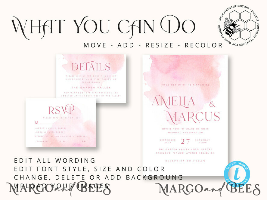 TEMPLETT wedding invitation download Elegant Blush wedding Invitation Template, Instant Download Printable Invites Home Printing, Pink Ombre Wedding Invitation Card Set Template