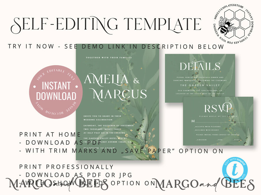 TEMPLETT wedding invitation download Sage Green wedding invitation template, Instant download Greenery Wedding Invites, Eucalyptus Garden Wedding Invitation Printable tuscany wedding , italy wedding , greece, destination wedding